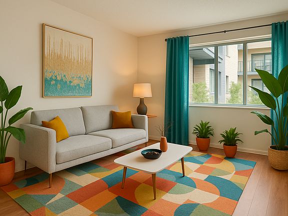 Vibrant living area with colorful rug and open concept.
Area de sala vibrante con alfombra colorida y diseno abierto.