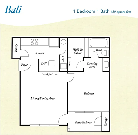 Floor plan A1 - Bali - One Bedroom, One Bathroom