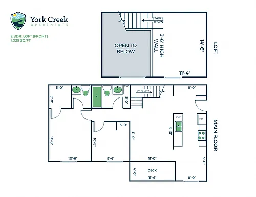 Floor plan 2 Bed, 1.5 Bath Loft - 1,025 sq ft