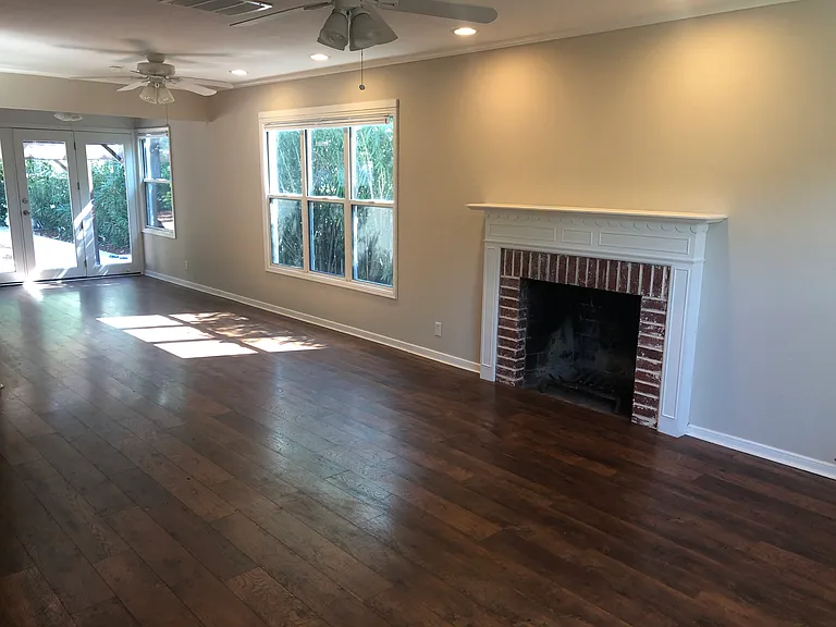 Family room, fireplace open floor plan