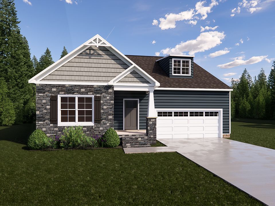 Nestled in Haley Meadows, this single-story house features a stone and siding exterior, a charming c
