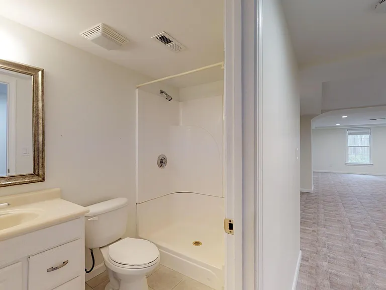 Bathroom view, with hallway on right that leads to leading to living/dining area