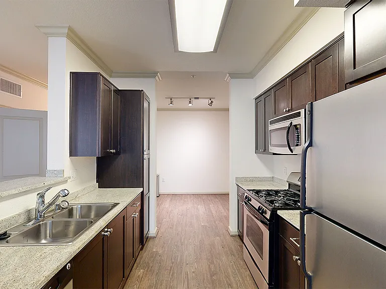 Apartment kitchen with stainless steel appliances, granite countertops and wood-style flooring.