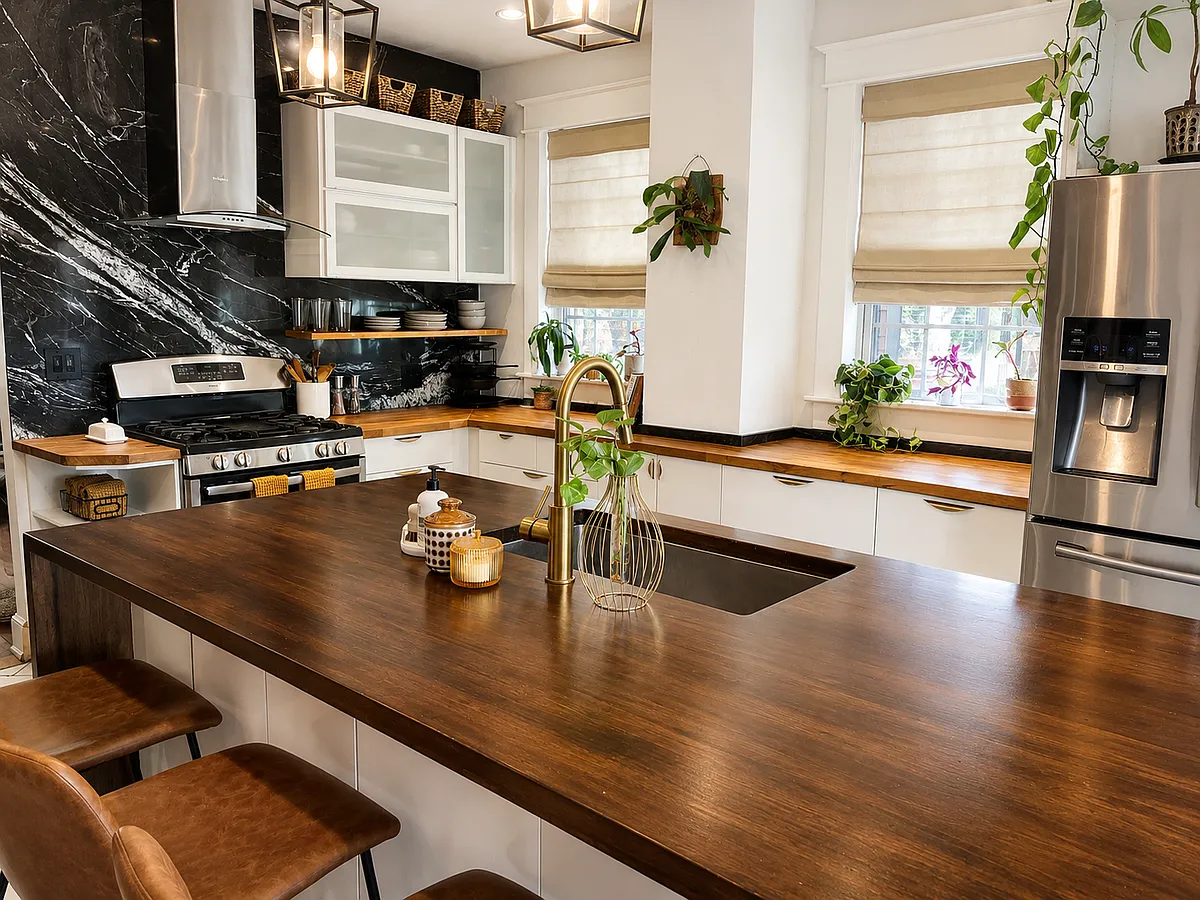 Gourmet kitchen with black granite backsplash, stainless steel appliances, butcher block counter tops and custom 8-foot wooden waterfall island - 822 Baldwin Ave