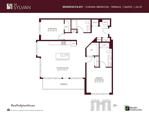 Floor plan Corner Two Bedroom Apartment with Terrace B-05T