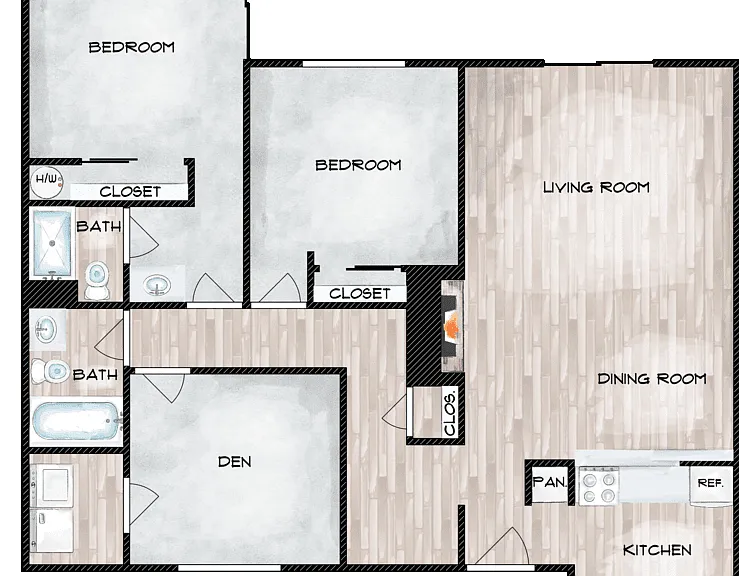 2x2 with Den - CLASSIC Floorplan Diagram