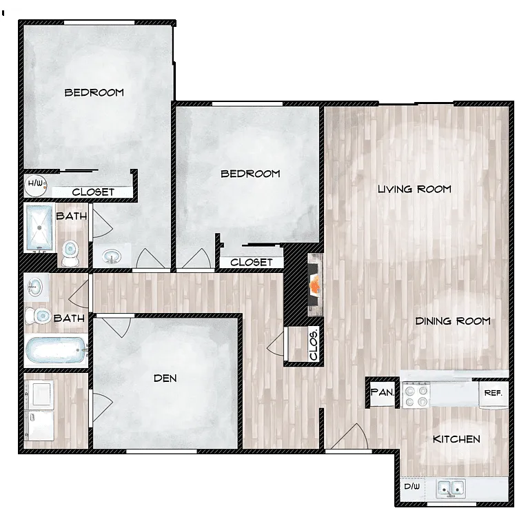 Floor plan 2x2 with Den - CLASSIC