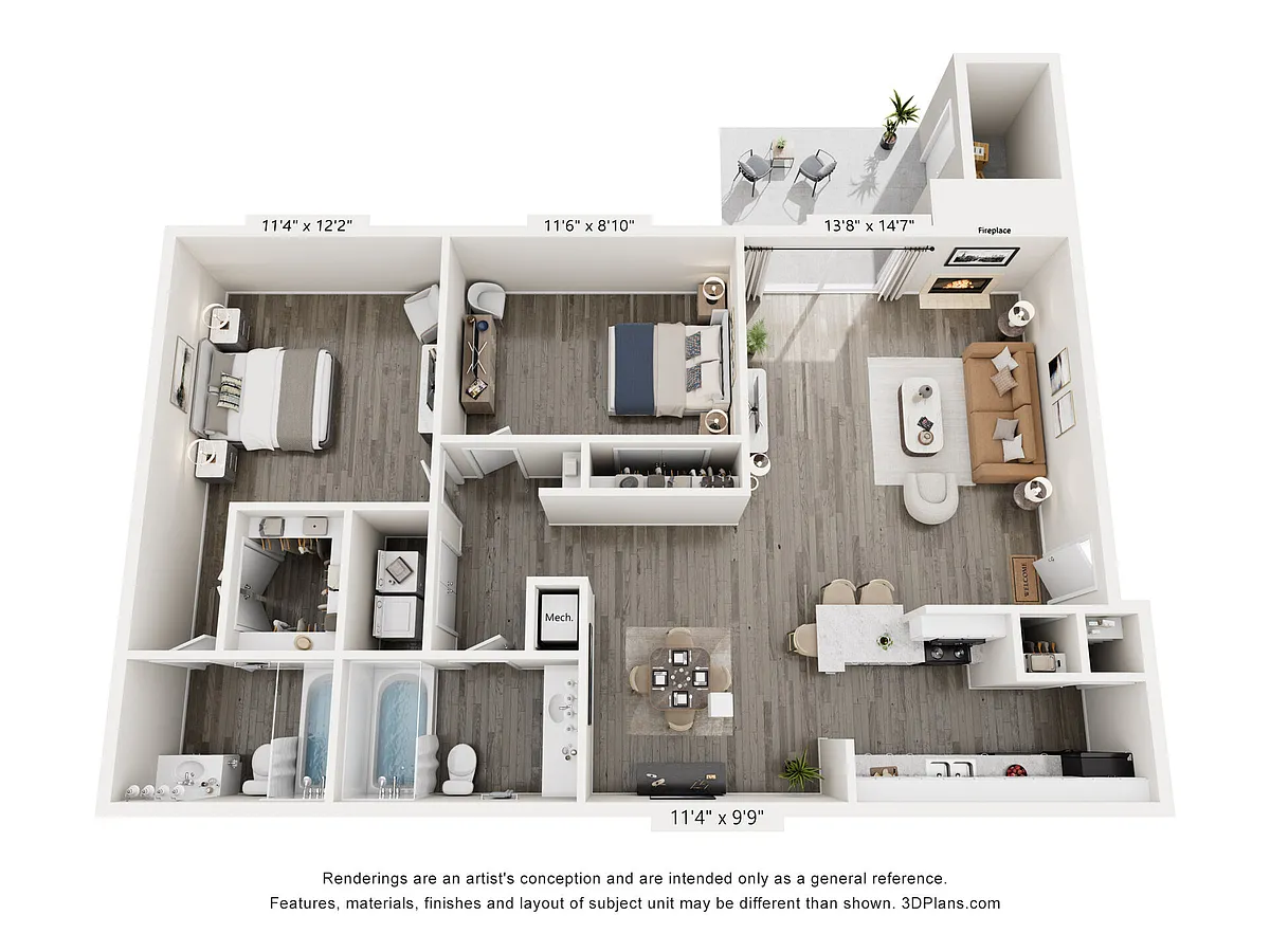 Floor plan Two Bed/Two Bath 1058 sq. ft.