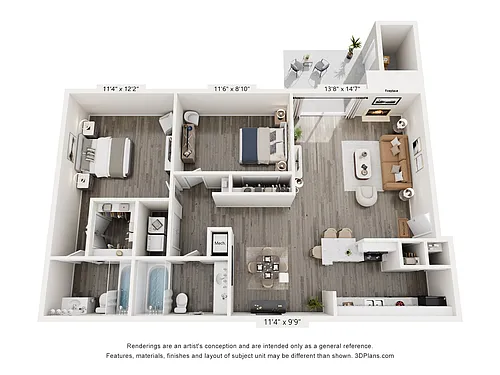 Floor plan Two Bed/Two Bath 1058 sq. ft.