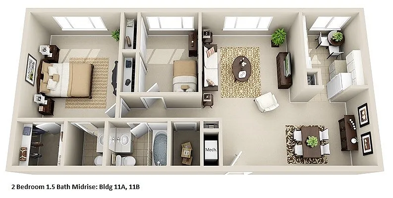 Floor plan Mid-Rise 2 Bedroom, 1.5 Bath