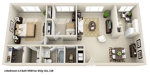 Floor plan Mid-Rise 2 Bedroom, 1.5 Bath