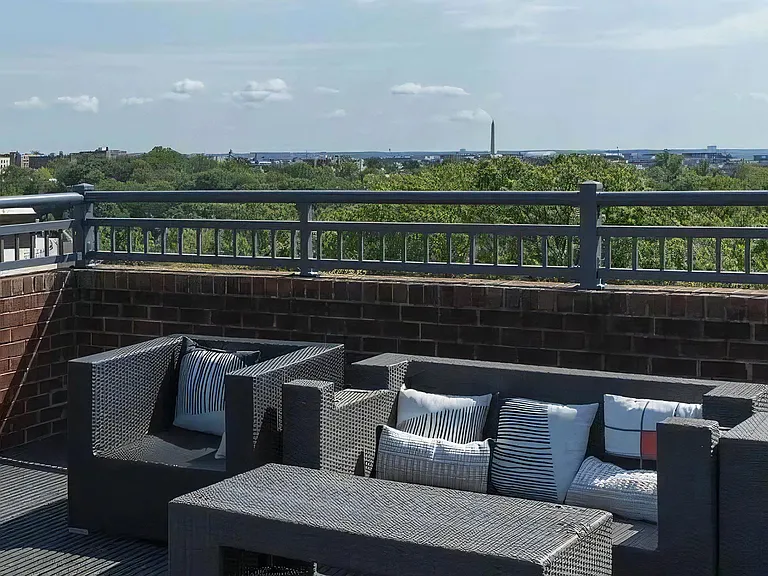 Elevated Patio Featuring Wicker Furniture and Distant Skyline