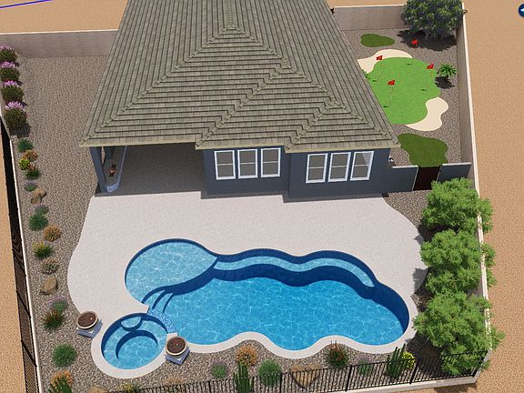 Rendering of pool, putting green and landscaping. Actual landscaping and plant placement may vary.