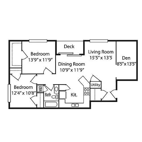 Floor plan 2 Bedroom, 1 Bath with Den Style E