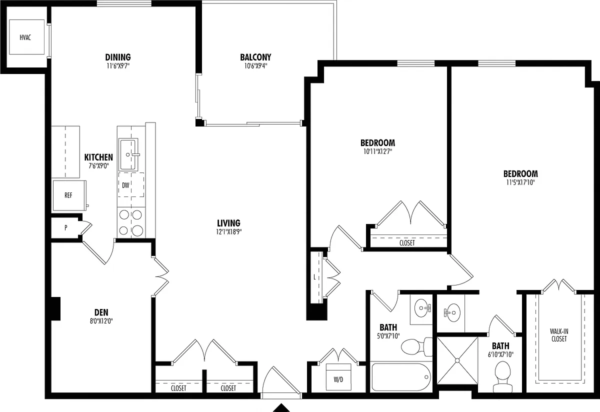 Floor plan 2 Bed/2 Bath Den-B2C