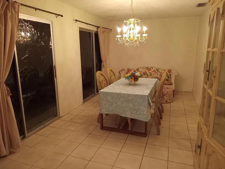 This is the spacious dining room off the kitchen, with 2 sets of sliding doors, and another set of French doors separating the kitchen from the dining room. (You could also use this as a large office.) Tons of sunlight, and private.
