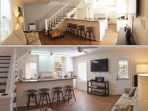 Living Room has a pull out queen bed and the 4 stools have a