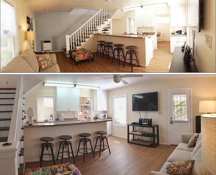 Living Room has a pull out queen bed and the 4 stools have a