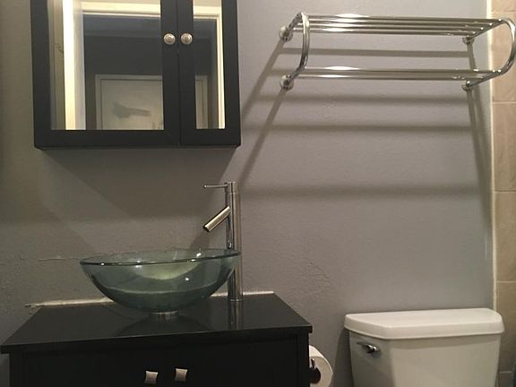 Remodeled, modern bathroom.