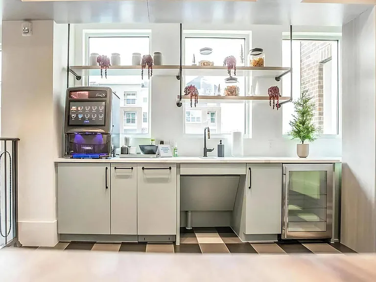 Clubhouse Coffee Bar with Touchscreen Machine, Beverage Cooler & Floating Shelves