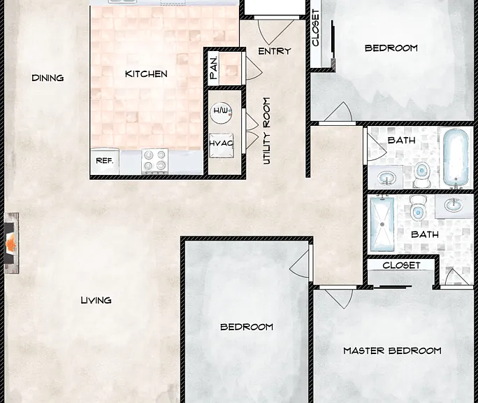 3 Bed 2 Bath Floorplan Diagram