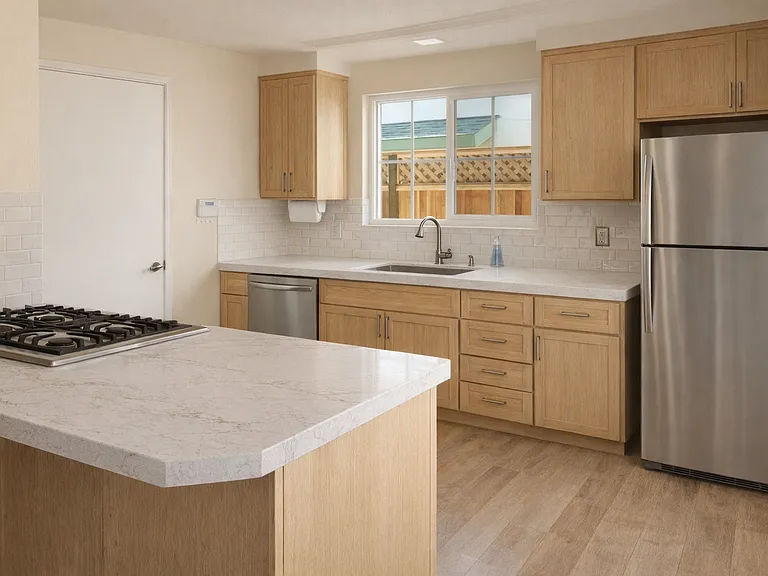 Flooring and kitchen are renderings provided to illustrate a similar finished look.