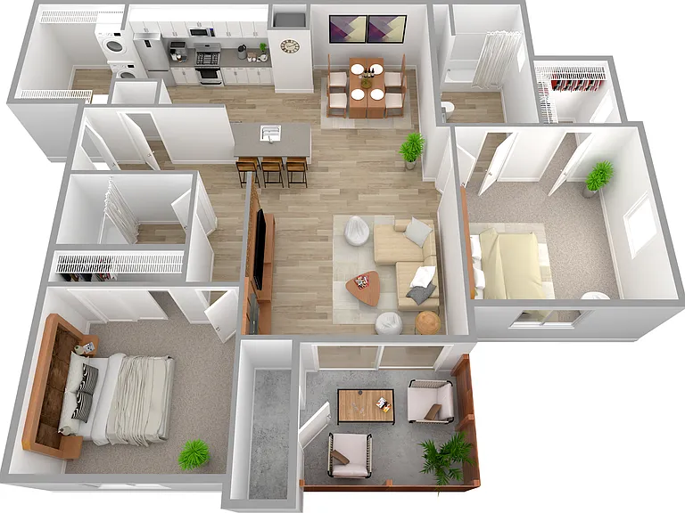 3D Furnished Two-Bedroom Floor Plan 3D Furnished Two-Bedroom Floor Plan