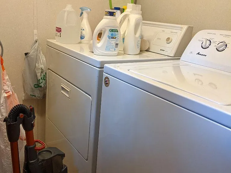 Full size washer and dryer with a starter supply of laundry products.