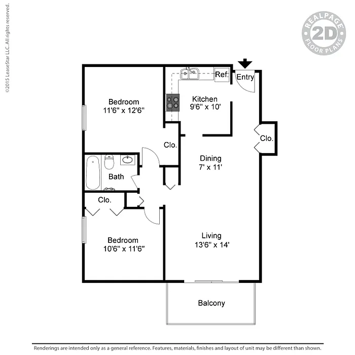 Floor plan FQ 2 BD 1 BA FP