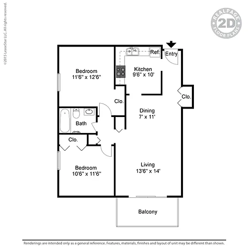 Floor plan FQ 2 BD 1 BA FP