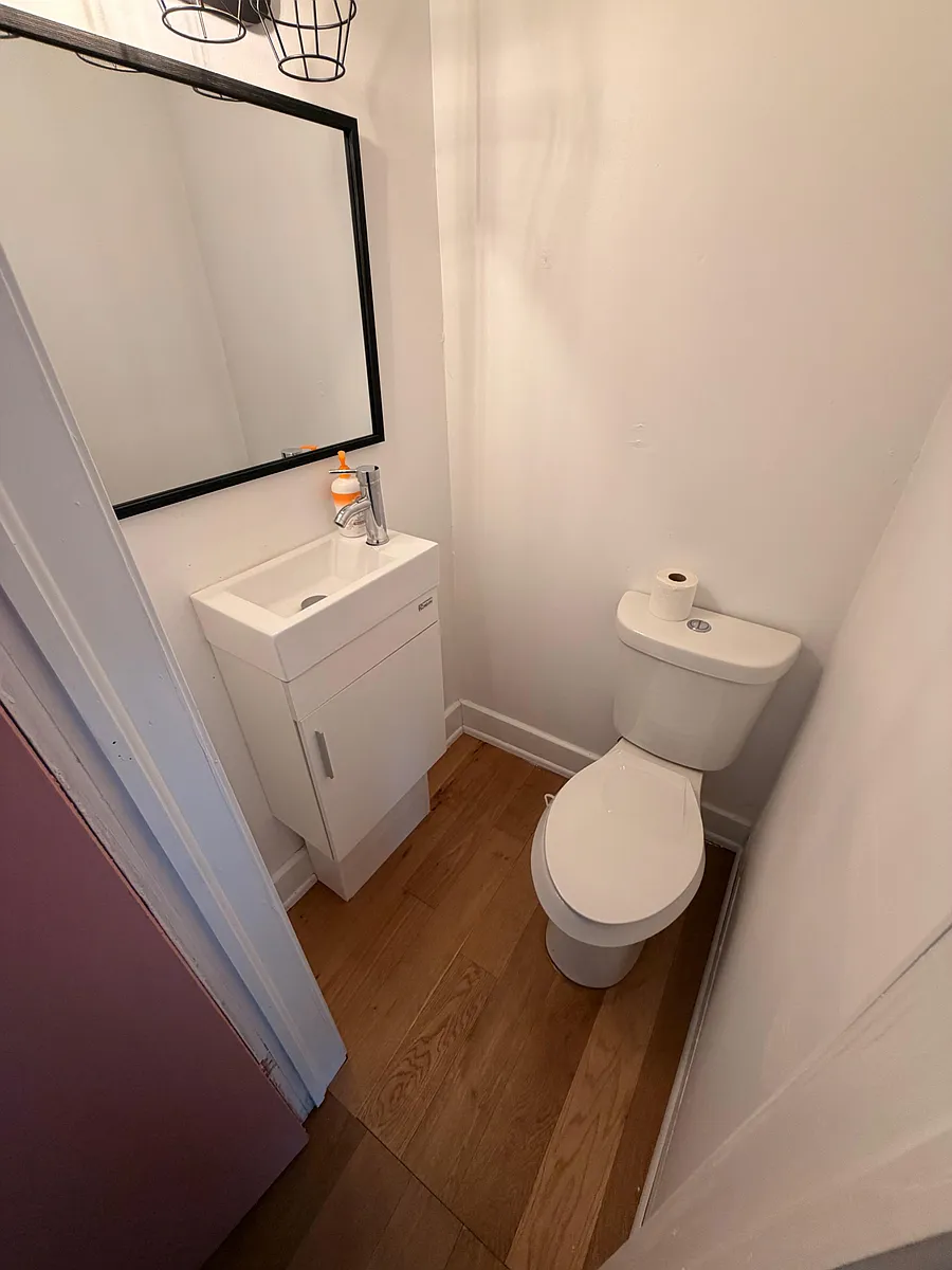 Compact half bath featuring a modern vanity with storage, framed mirror, and easy-care wood-look flooring. - Cheatham Rd