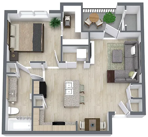 Floor plan One Bed/One Bath - 727 sq ft - 60% AMI
