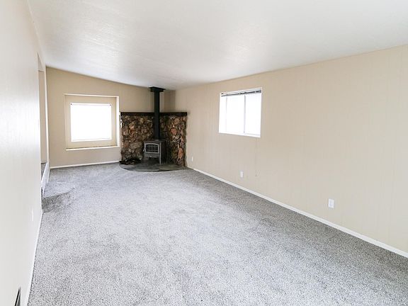 Den with wood burning fireplace
