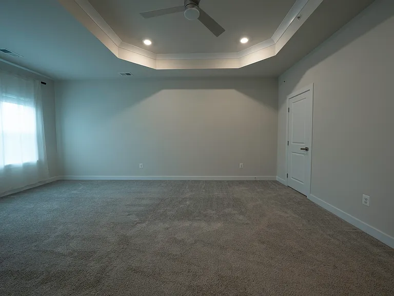 Large Owner's Bedroom features tray ceiling, TWO walk-in closets (one is a huge 12.5' x 6.5'), en suite bathroom, and smart ceiling fan