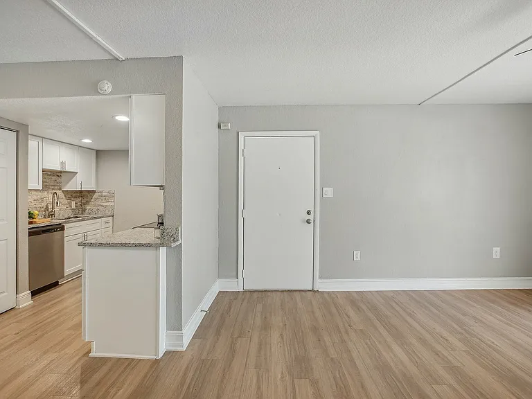 Modern open-concept living area with sleek granite countertops, stainless steel appliances, and elegant wood flooring.