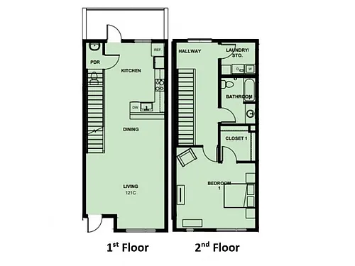 Floor plan 1 Bedroom/1 Bathroom Townhome (2-Story)
