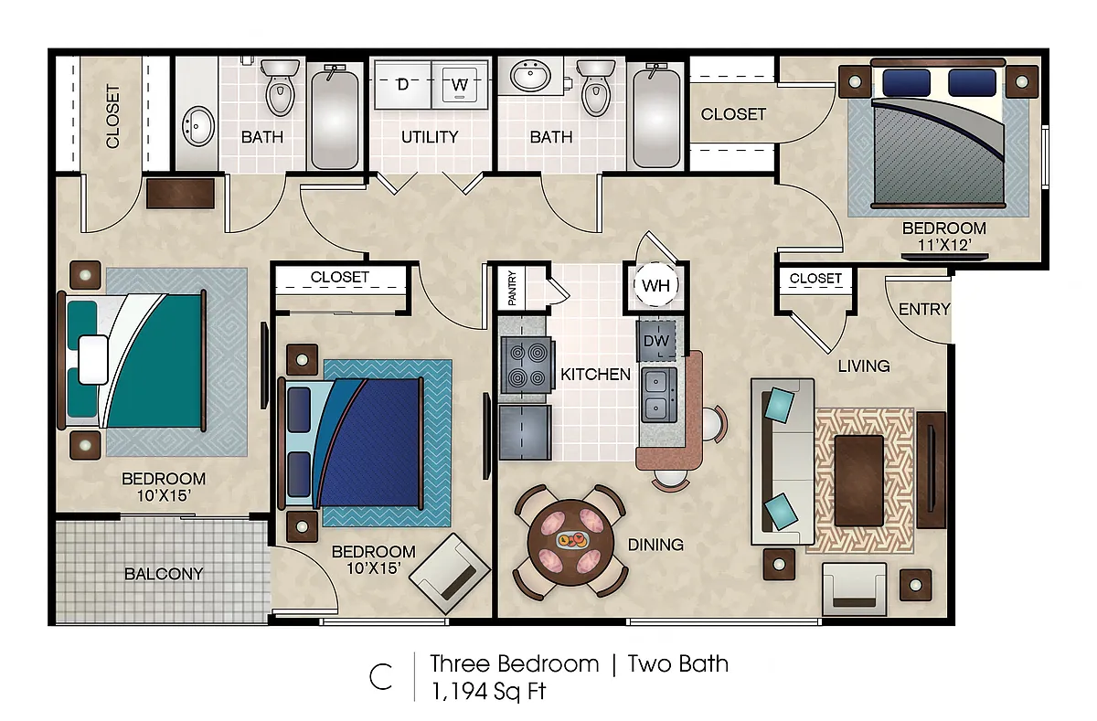 Floor plan C1 Three Bedroom, Two Bath