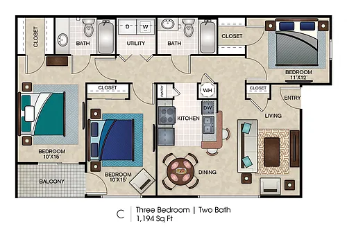 Floor plan C1 Three Bedroom, Two Bath