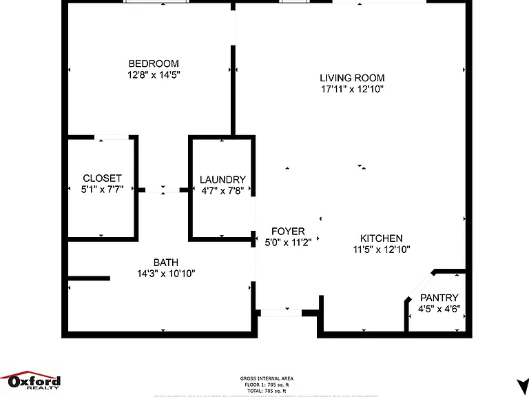 Oxford Realty floor plan showcasing a spacious 1 bedroom apartment with an expansive living room, modern kitchen, laundry area, and convenient pantry. Ideal for optimal living with a total area of 785 sq. ft. Oxford Realty floor plan showcasing a spacious