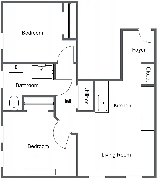 Floor plan 2 Bedroom 1 Bath Type A