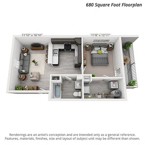 Floor plan 1 Bedroom Second Level - 680sf