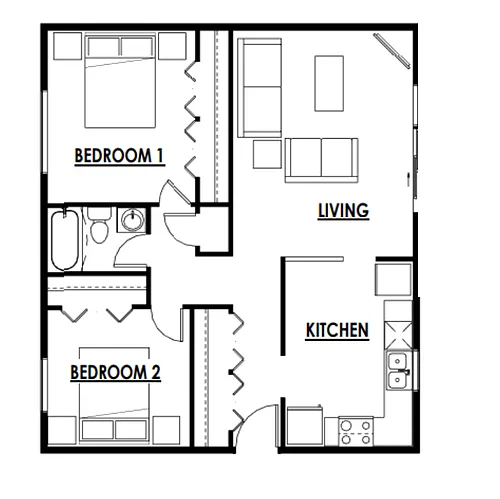 Floor plan 2 Bed 1 Bath - Disconnected Patio