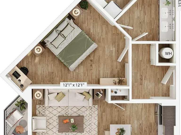 Explore this contemporary layout maximizing comfort and aesthetic appeal in a one-bedroom space. Explore this contemporary layout maximizing comfort and aesthetic appeal in a one-bedroom space.