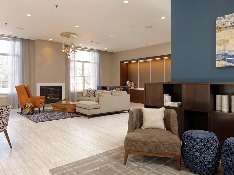 Lobby with common area seating and fireplace