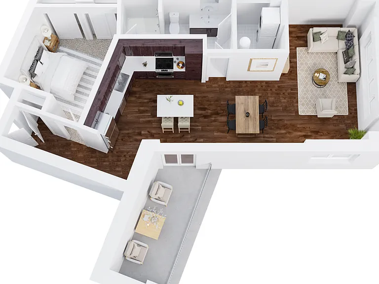 One-Bedroom, One-Bathroom Floor Plan Rendering with Balcony One-Bedroom, One-Bathroom Floor Plan Rendering with Balcony