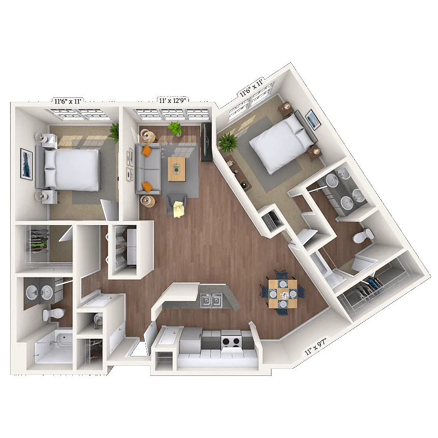 Floor plan Traditional 2x2 1152-1303 SF