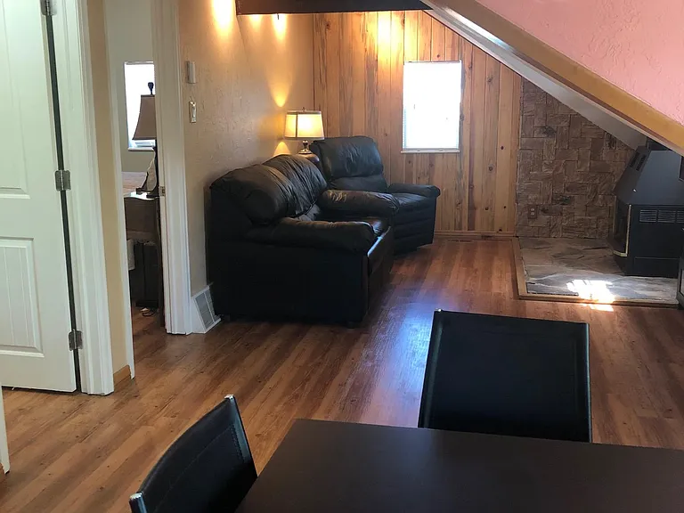 View from dining room towards living room area.