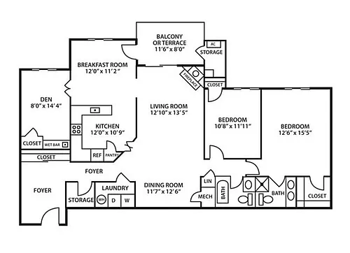 Floor plan 2 Bedroom 2 Bath with Den