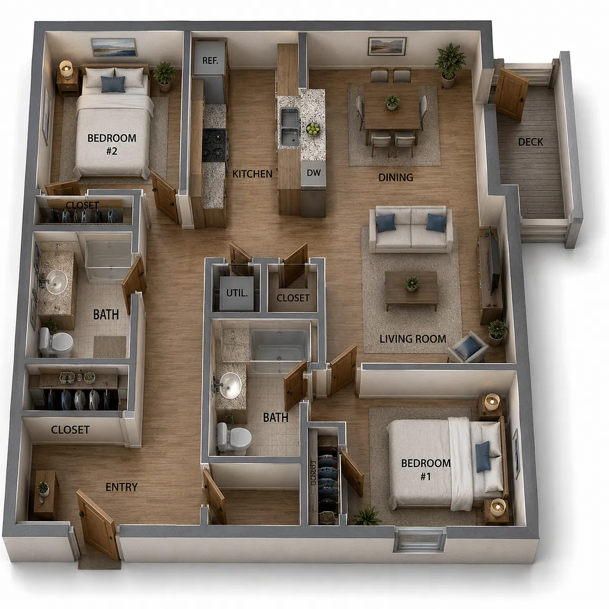 Floor plan Two Bedroom One Bath Deluxe - Tower