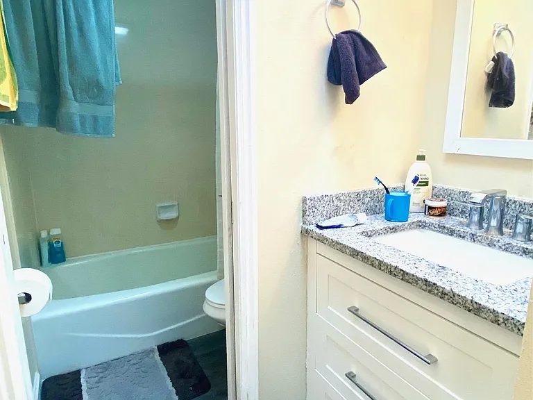 Freshly updated bathrooms with modern fixtures and natural light from skylights